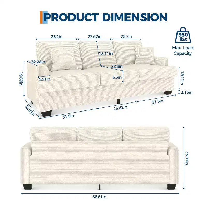86 Faux Leather Sofa, 3-Seater Couch with Deep Seats, 2 Removable Back Cushions & 2 Throw Pillows, Waterproof, for Living Room or Office, Black