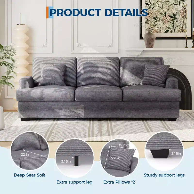 86 Faux Leather Sofa, 3-Seater Couch with Deep Seats, 2 Removable Back Cushions & 2 Throw Pillows, Waterproof, for Living Room or Office, Black