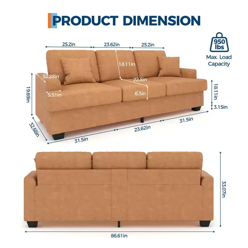 86 Faux Leather Sofa, 3-Seater Couch with Deep Seats, 2 Removable Back Cushions & 2 Throw Pillows, Waterproof, for Living Room or Office, Black
