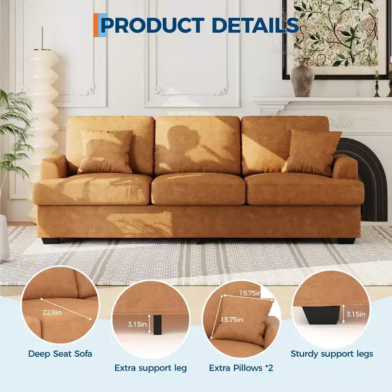 86 Faux Leather Sofa, 3-Seater Couch with Deep Seats, 2 Removable Back Cushions & 2 Throw Pillows, Waterproof, for Living Room or Office, Black