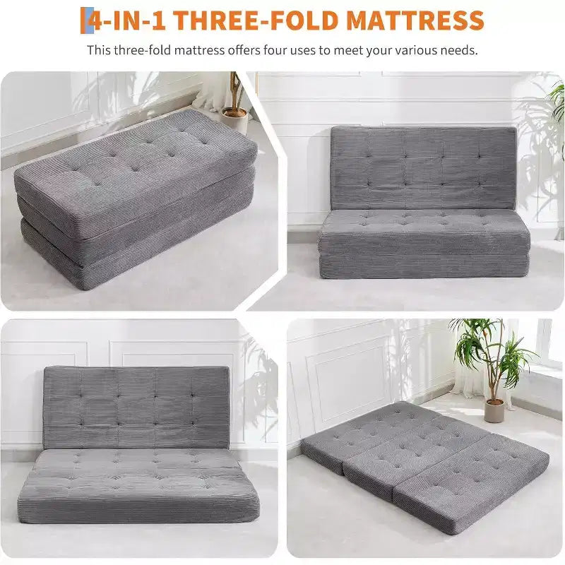 SunnyFurn Matelas Canapé-lit pliant 3 volets 6 pouces, lit d'appoint pliable en mousse avec velours côtelé capitonné, portable pour le camping, le salon, la chambre à coucher