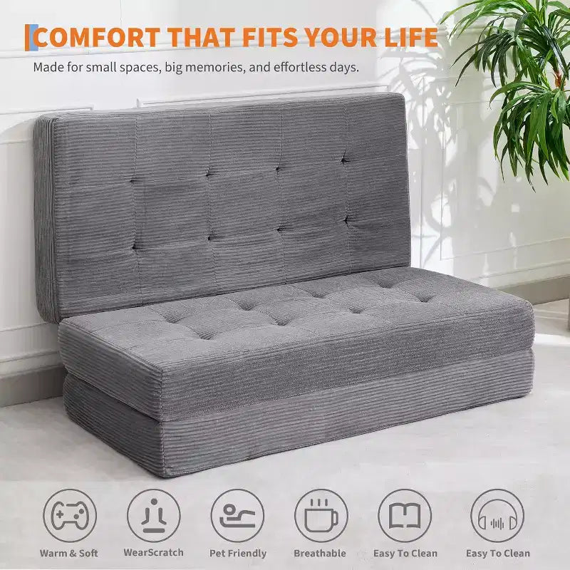SunnyFurn Matelas Canapé-lit pliant 3 volets 6 pouces, lit d'appoint pliable en mousse avec velours côtelé capitonné, portable pour le camping, le salon, la chambre à coucher