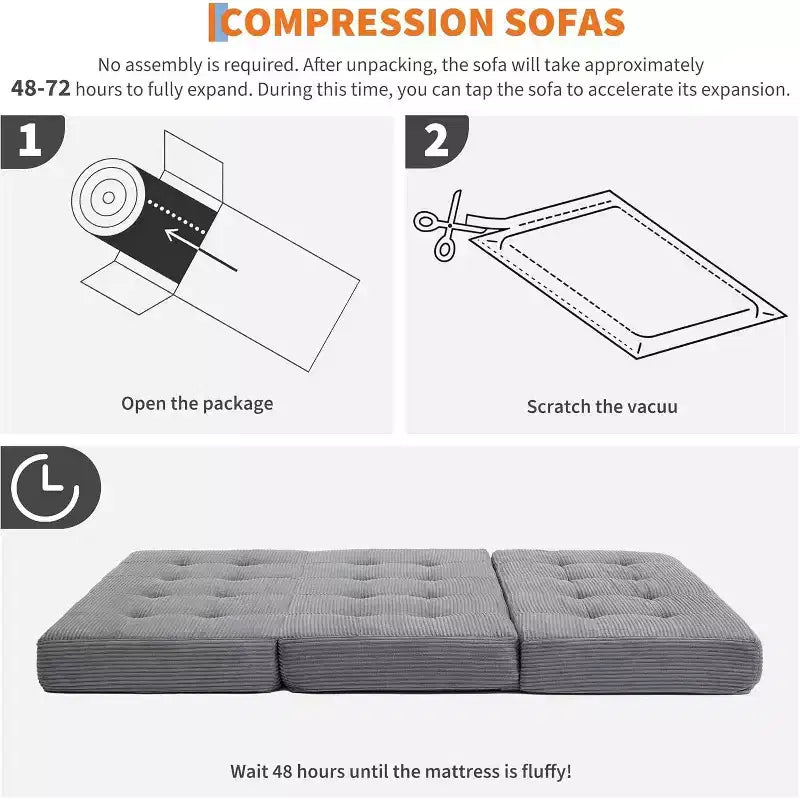 SunnyFurn Matelas Canapé-lit pliant 3 volets 6 pouces, lit d'appoint pliable en mousse avec velours côtelé capitonné, portable pour le camping, le salon, la chambre à coucher