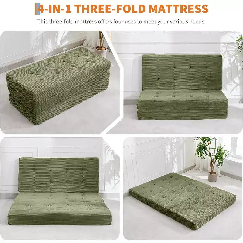 SunnyFurn Matelas Canapé-lit pliant 3 volets 6 pouces, lit d'appoint pliable en mousse avec velours côtelé capitonné, portable pour le camping, le salon, la chambre à coucher