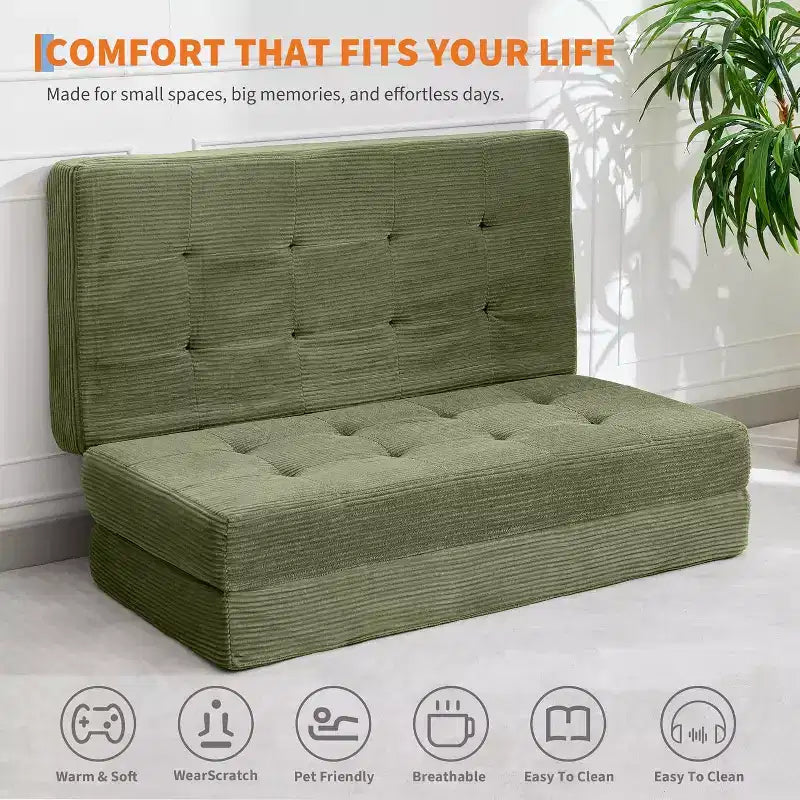 SunnyFurn Matelas Canapé-lit pliant 3 volets 6 pouces, lit d'appoint pliable en mousse avec velours côtelé capitonné, portable pour le camping, le salon, la chambre à coucher
