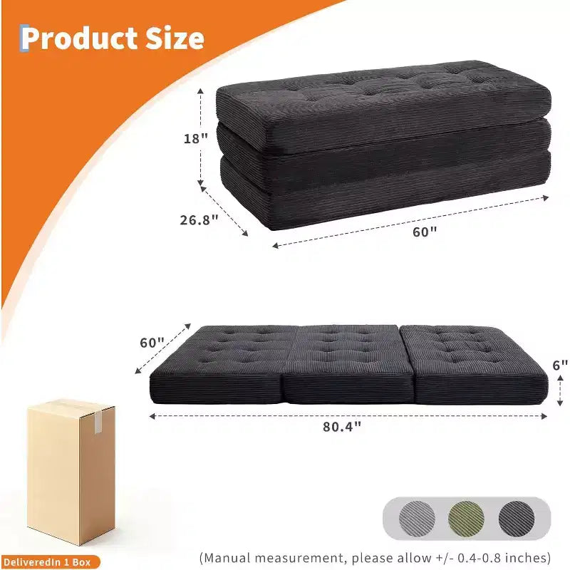 SunnyFurn Matelas Canapé-lit pliant 3 volets 6 pouces, lit d'appoint pliable en mousse avec velours côtelé capitonné, portable pour le camping, le salon, la chambre à coucher