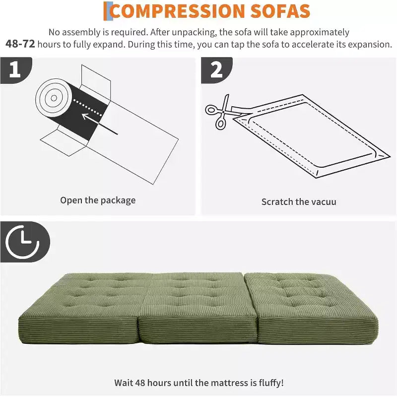 SunnyFurn Matelas Canapé-lit pliant 3 volets 6 pouces, lit d'appoint pliable en mousse avec velours côtelé capitonné, portable pour le camping, le salon, la chambre à coucher
