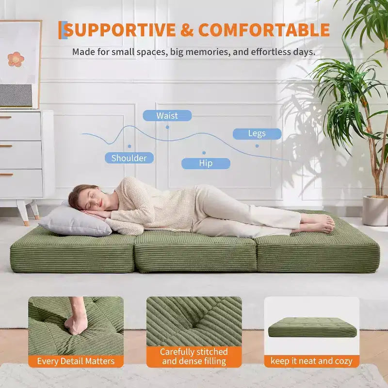 SunnyFurn Matelas Canapé-lit pliant 3 volets 6 pouces, lit d'appoint pliable en mousse avec velours côtelé capitonné, portable pour le camping, le salon, la chambre à coucher
