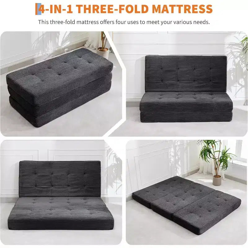 SunnyFurn Matelas Canapé-lit pliant 3 volets 6 pouces, lit d'appoint pliable en mousse avec velours côtelé capitonné, portable pour le camping, le salon, la chambre à coucher