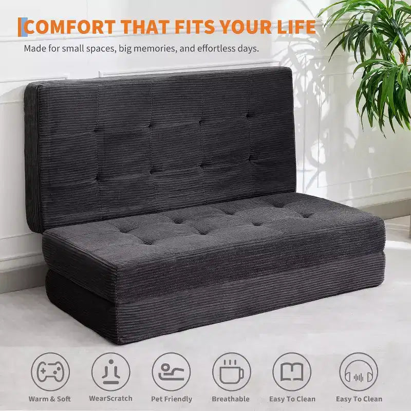SunnyFurn Matelas Canapé-lit pliant 3 volets 6 pouces, lit d'appoint pliable en mousse avec velours côtelé capitonné, portable pour le camping, le salon, la chambre à coucher