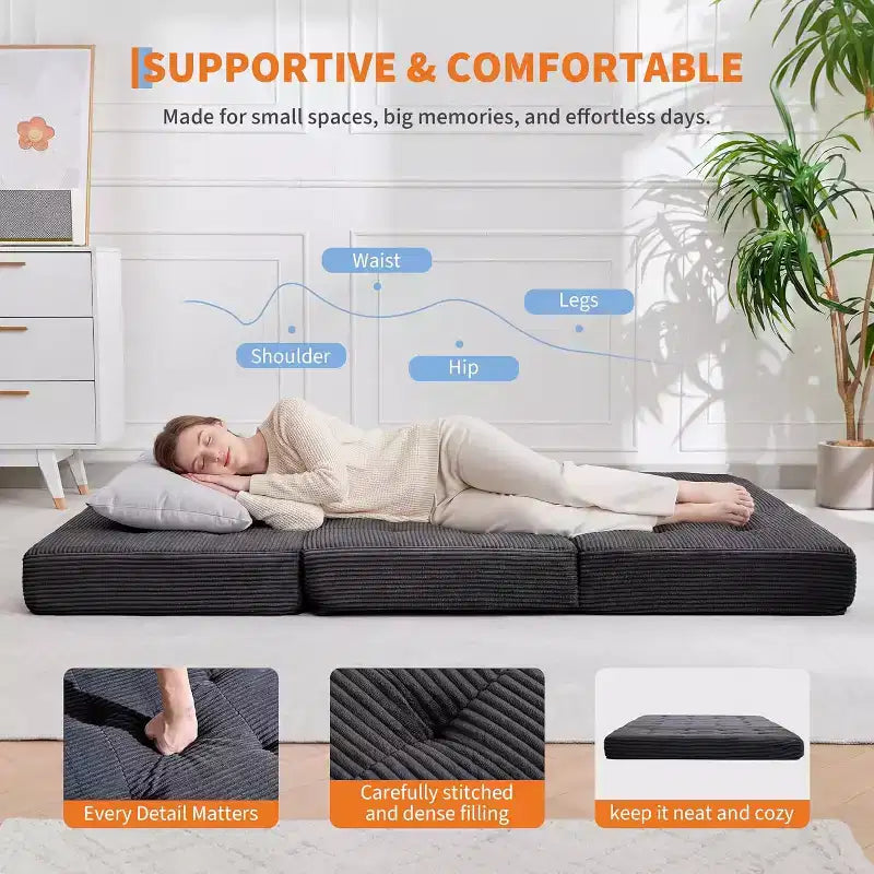 SunnyFurn Matelas Canapé-lit pliant 3 volets 6 pouces, lit d'appoint pliable en mousse avec velours côtelé capitonné, portable pour le camping, le salon, la chambre à coucher