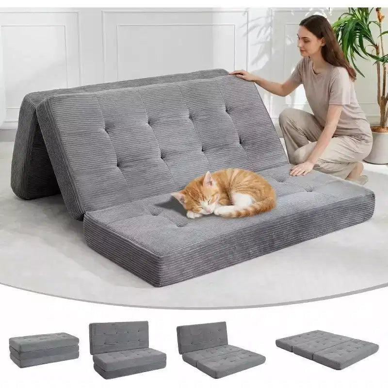 SunnyFurn 6 Inch Tri-Fold Mattress Sofa Bed, Foam Folding Guest Bed with Tufted Corduroy, Portable for Camping, Living Room, Bedroom