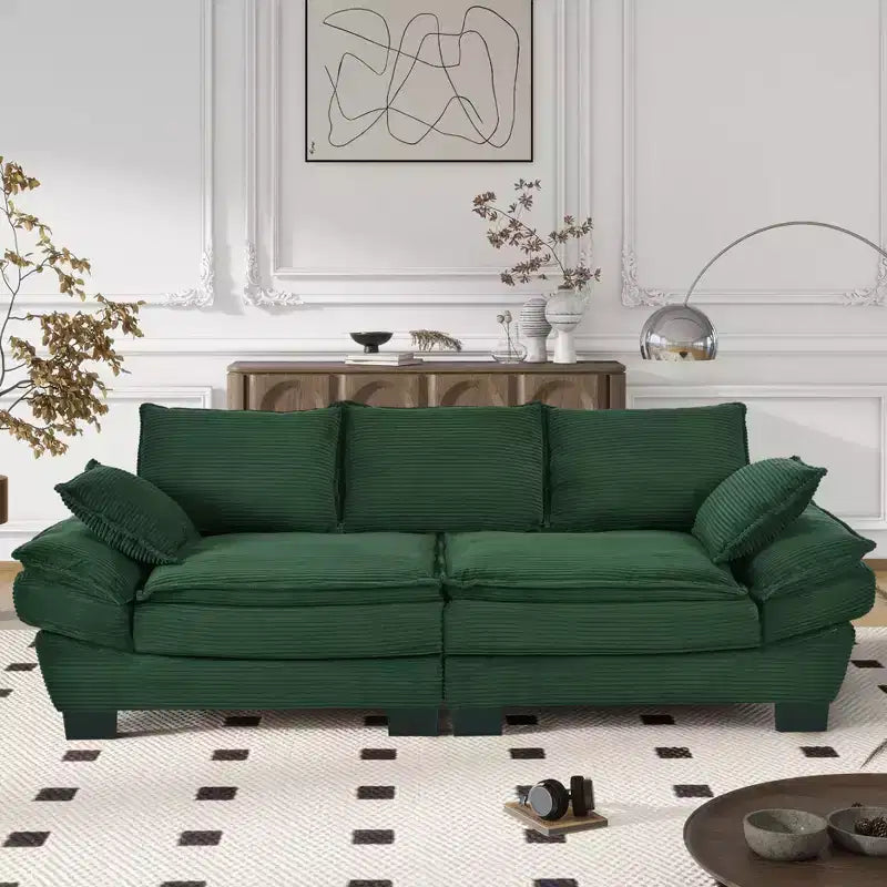 GDFStudio Torres U-Style 85.4 Modern Corduroy Fabric Curved Sofa with 2 Decorative Throw Pillows