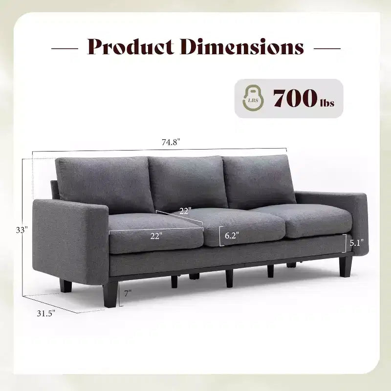 AMERLIFE Canapé 3 places 190 cm avec assise profonde et structure en métal