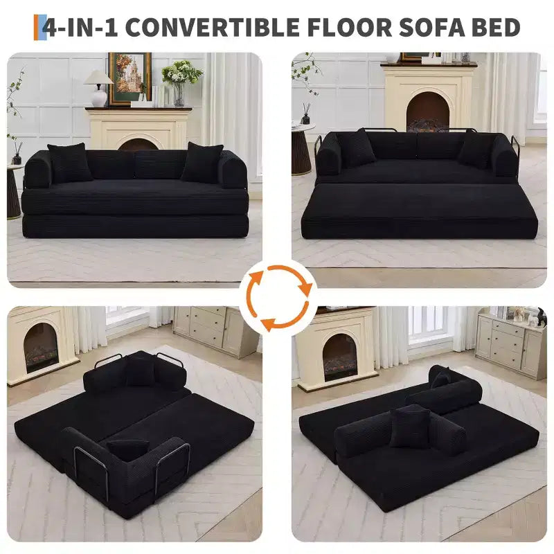 Convertible Sleeper Sofa Bed 79 Inch, 4-in-1 Boneless Corduroy Folding Sofa Bed with Pillow and Fixed Shape, Floor Mattress Couch Loveseatblack
