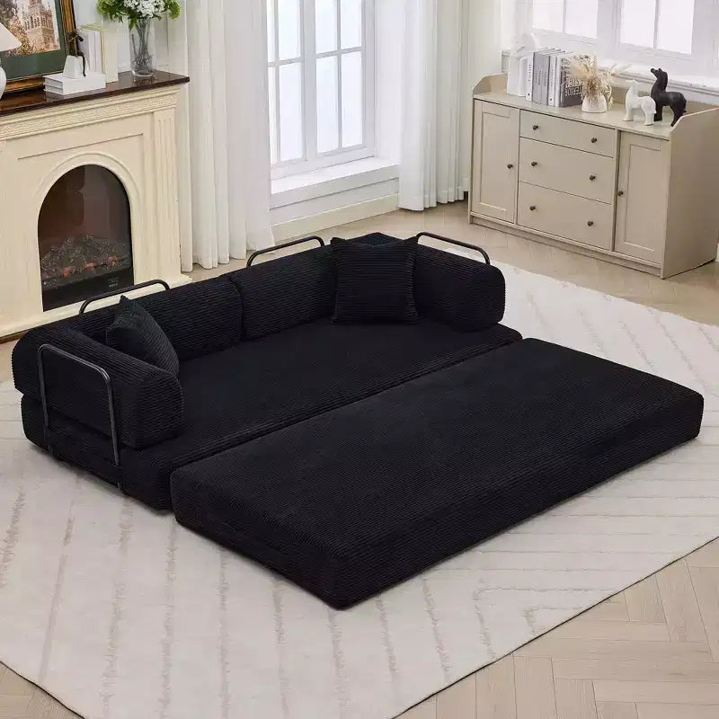 Convertible Sleeper Sofa Bed 79 Inch, 4-in-1 Boneless Corduroy Folding Sofa Bed with Pillow and Fixed Shape, Floor Mattress Couch Loveseatblack
