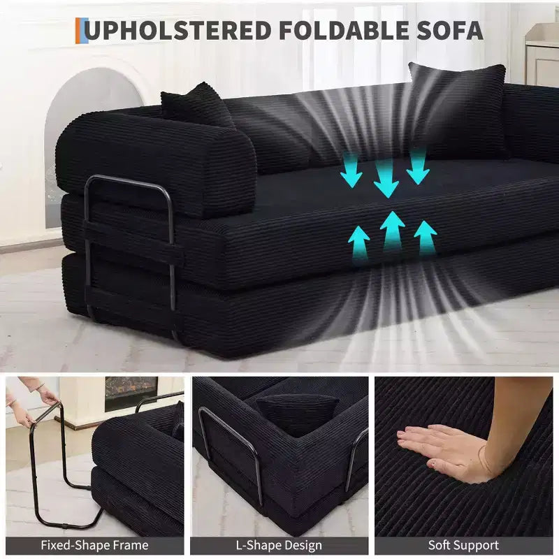 Convertible Sleeper Sofa Bed 79 Inch, 4-in-1 Boneless Corduroy Folding Sofa Bed with Pillow and Fixed Shape, Floor Mattress Couch Loveseatblack