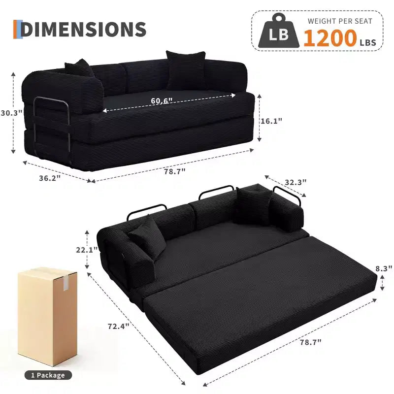 Convertible Sleeper Sofa Bed 79 Inch, 4-in-1 Boneless Corduroy Folding Sofa Bed with Pillow and Fixed Shape, Floor Mattress Couch Loveseatblack