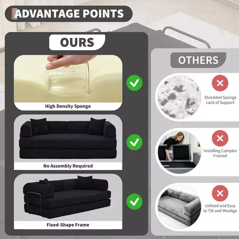 Convertible Sleeper Sofa Bed 79 Inch, 4-in-1 Boneless Corduroy Folding Sofa Bed with Pillow and Fixed Shape, Floor Mattress Couch Loveseatblack