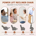 Oversized Power Lift Recliner Chair for Elderly - Electric Heat, Massage & Stand Assist - 135 Reclining - Cup Holders, Side Pocket Grey Fabric