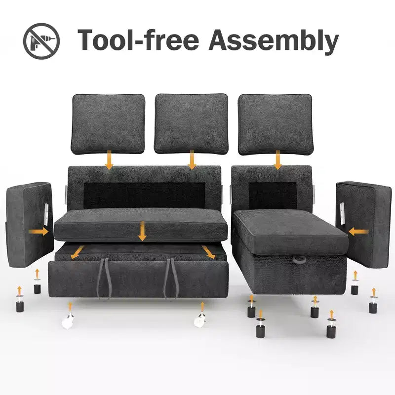 Dyonery 2 in 1 Pull Out Couch with Reversible Storage Chaise 81 Sectional Sleeper Sofa Bed L-Shaped Couch with Side Pockets,Tool-Free Assembly