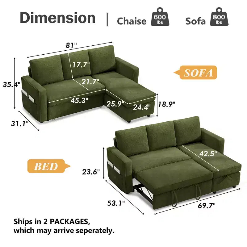 Dyonery 2 in 1 Pull Out Couch with Reversible Storage Chaise 81 Sectional Sleeper Sofa Bed L-Shaped Couch with Side Pockets,Tool-Free Assembly