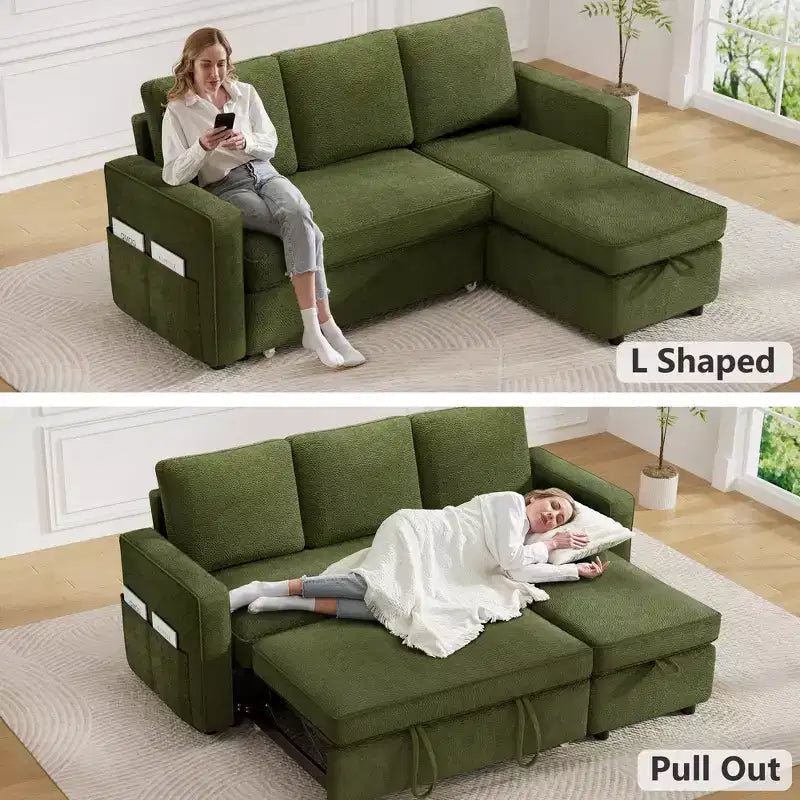 Dyonery 2 in 1 Pull Out Couch with Reversible Storage Chaise 81 Sectional Sleeper Sofa Bed L-Shaped Couch with Side Pockets,Tool-Free Assembly
