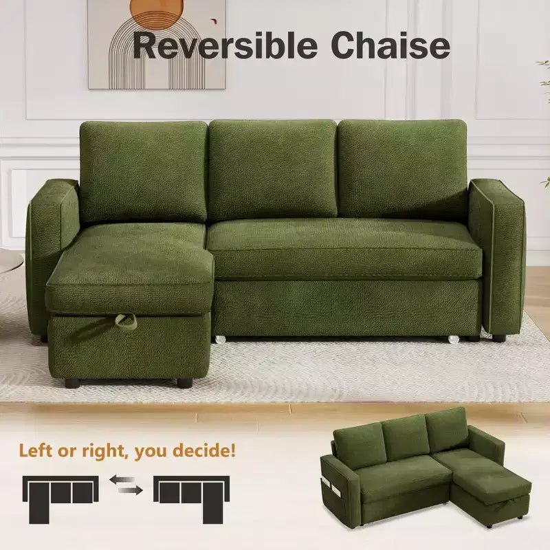 Dyonery 2 in 1 Pull Out Couch with Reversible Storage Chaise 81 Sectional Sleeper Sofa Bed L-Shaped Couch with Side Pockets,Tool-Free Assembly