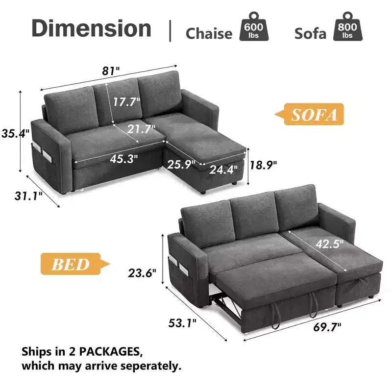 Dyonery 2 in 1 Pull Out Couch with Reversible Storage Chaise 81 Sectional Sleeper Sofa Bed L-Shaped Couch with Side Pockets,Tool-Free Assembly