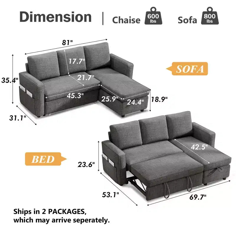Dyonery 2 in 1 Pull Out Couch with Reversible Storage Chaise 81 Sectional Sleeper Sofa Bed L-Shaped Couch with Side Pockets,Tool-Free Assembly