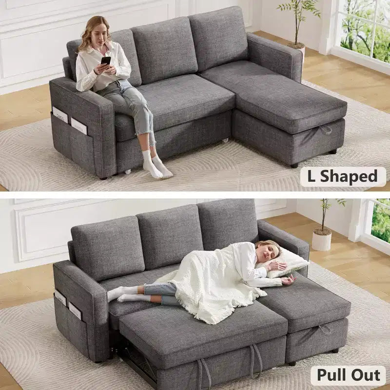 Dyonery 2 in 1 Pull Out Couch with Reversible Storage Chaise 81 Sectional Sleeper Sofa Bed L-Shaped Couch with Side Pockets,Tool-Free Assembly