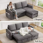 Dyonery 2 in 1 Pull Out Couch with Reversible Storage Chaise 81 Sectional Sleeper Sofa Bed L-Shaped Couch with Side Pockets,Tool-Free Assembly