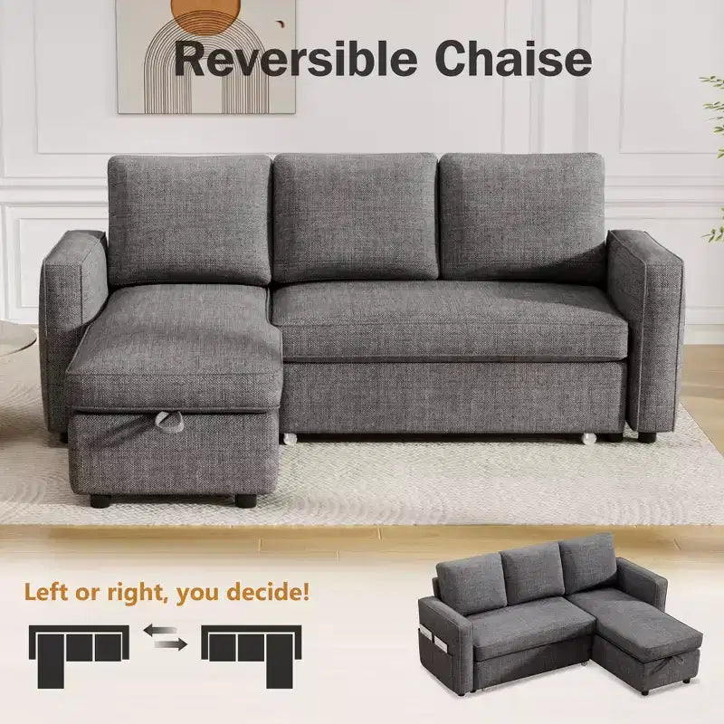 Dyonery 2 in 1 Pull Out Couch with Reversible Storage Chaise 81 Sectional Sleeper Sofa Bed L-Shaped Couch with Side Pockets,Tool-Free Assembly