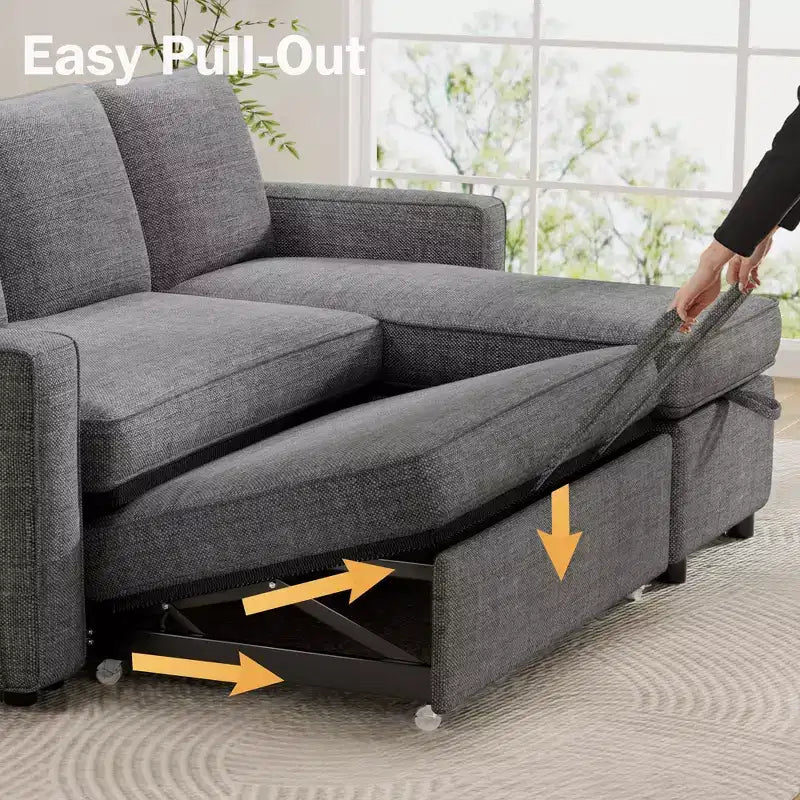 Dyonery 2 in 1 Pull Out Couch with Reversible Storage Chaise 81 Sectional Sleeper Sofa Bed L-Shaped Couch with Side Pockets,Tool-Free Assembly