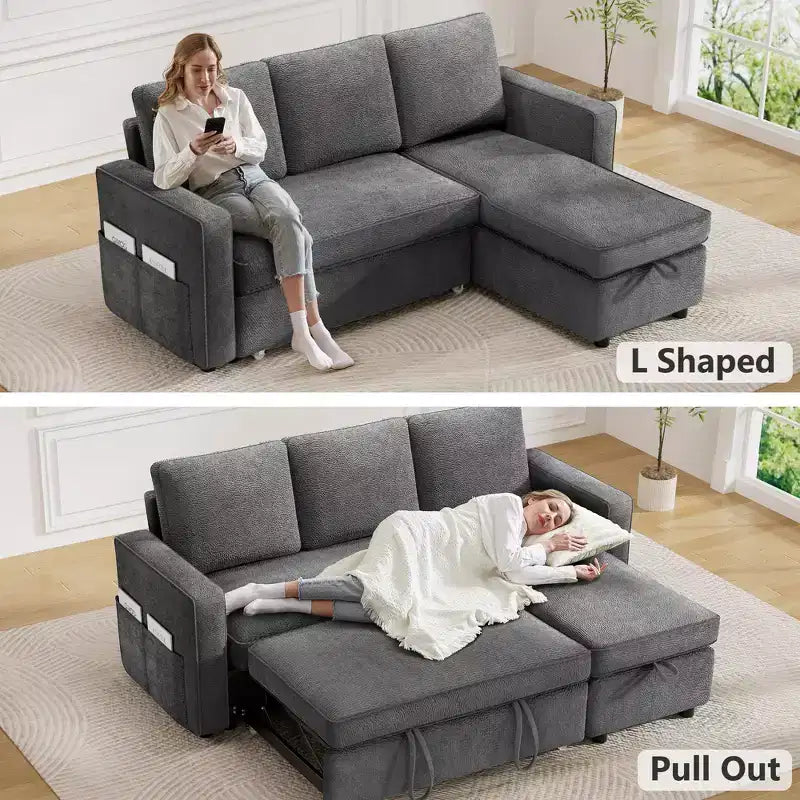 Dyonery 2 in 1 Pull Out Couch with Reversible Storage Chaise 81 Sectional Sleeper Sofa Bed L-Shaped Couch with Side Pockets,Tool-Free Assembly