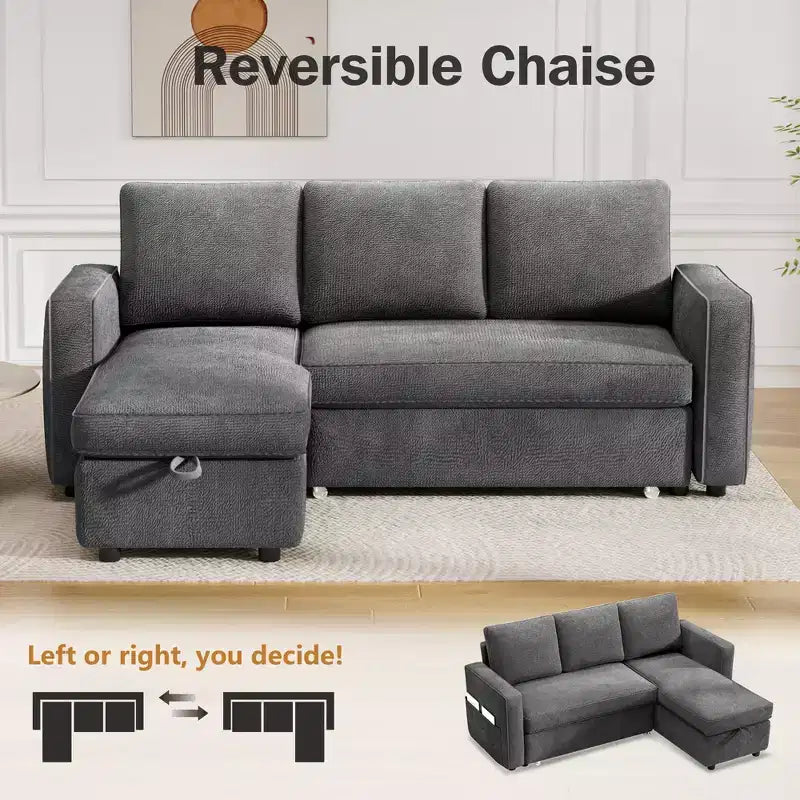 Dyonery 2 in 1 Pull Out Couch with Reversible Storage Chaise 81 Sectional Sleeper Sofa Bed L-Shaped Couch with Side Pockets,Tool-Free Assembly