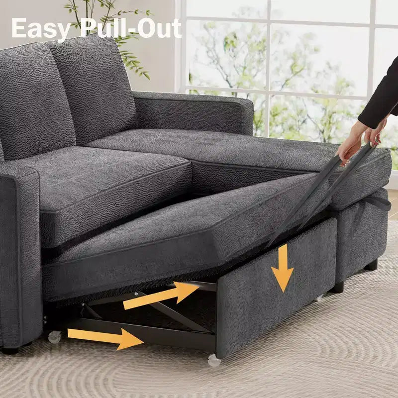 Dyonery 2 in 1 Pull Out Couch with Reversible Storage Chaise 81 Sectional Sleeper Sofa Bed L-Shaped Couch with Side Pockets,Tool-Free Assembly