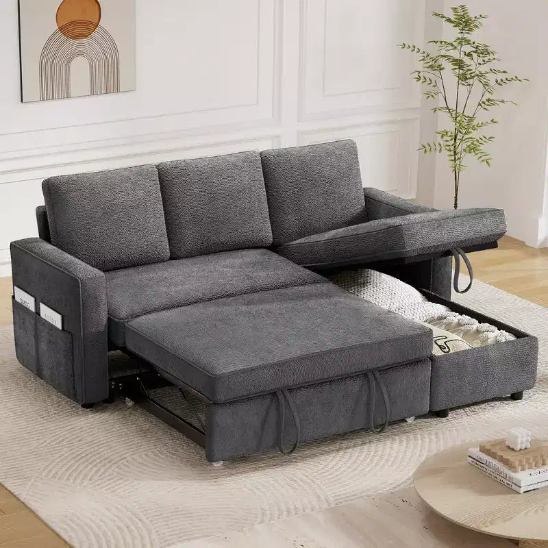 Dyonery 2 in 1 Pull Out Couch with Reversible Storage Chaise 81 Sectional Sleeper Sofa Bed L-Shaped Couch with Side Pockets,Tool-Free Assembly
