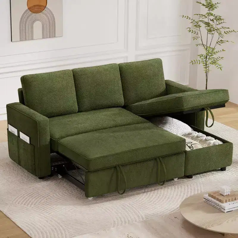 Dyonery 2 in 1 Pull Out Couch with Reversible Storage Chaise 81 Sectional Sleeper Sofa Bed L-Shaped Couch with Side Pockets,Tool-Free Assembly