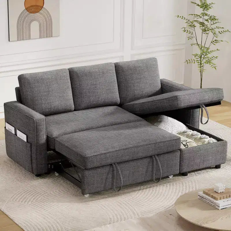 Dyonery 2 in 1 Pull Out Couch with Reversible Storage Chaise 81 Sectional Sleeper Sofa Bed L-Shaped Couch with Side Pockets,Tool-Free Assembly
