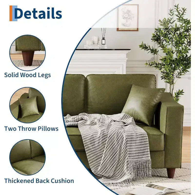SunnyFurn Canapé 3 places en similicuir avec 2 coussins, assise profonde et pieds en bois pour salon/bureau