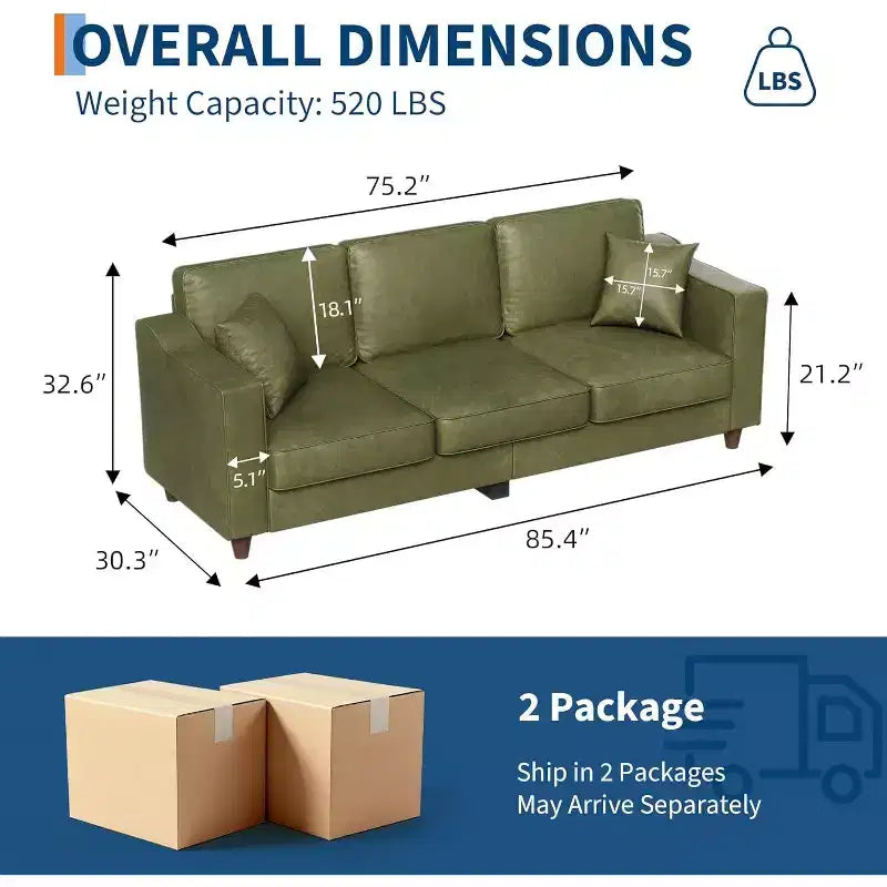 SunnyFurn Canapé 3 places en similicuir avec 2 coussins, assise profonde et pieds en bois pour salon/bureau