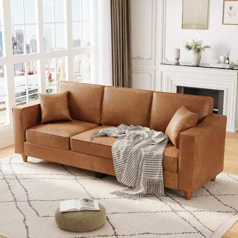 SunnyFurn Faux Leather 3-Seater Sofa with 2 Pillows, Deep Seat & Wood Legs for Living Room/Office