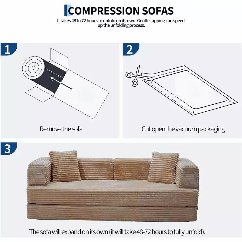 80.7 5-in-1 Convertible Sofa Bed, Folding Corduroy Couch with Storage, 4 Frames & 2 Pillows, No Assembly Space-Saving for Home & Dorm, Beige