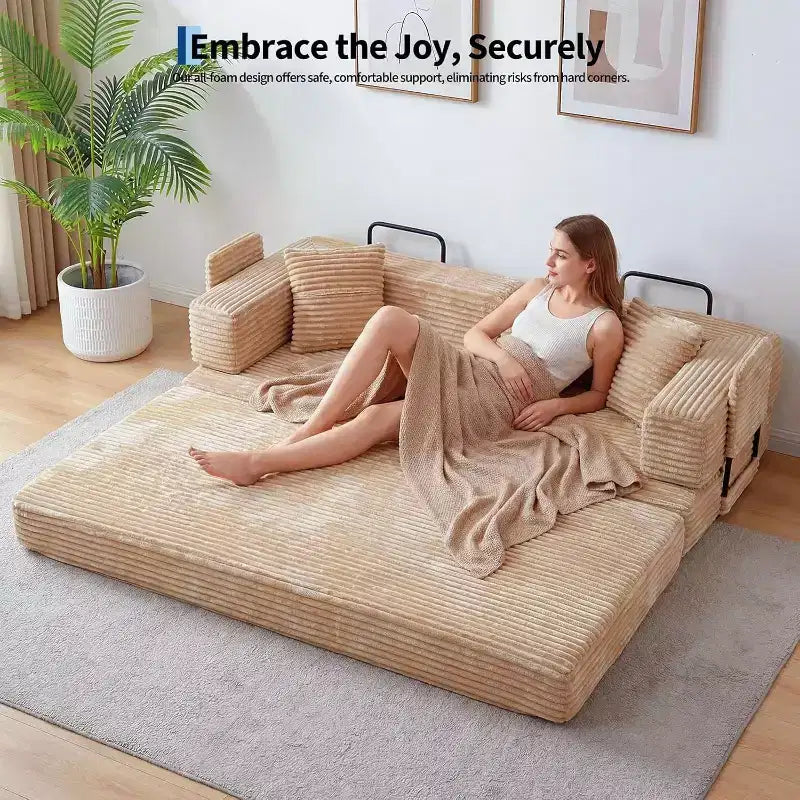 80.7 5-in-1 Convertible Sofa Bed, Folding Corduroy Couch with Storage, 4 Frames & 2 Pillows, No Assembly Space-Saving for Home & Dorm, Beige