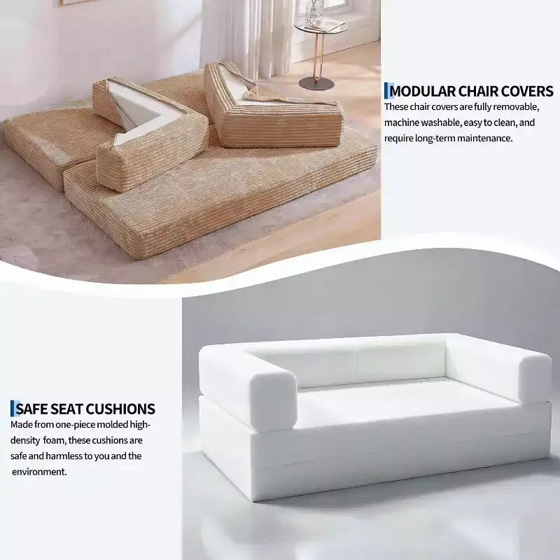 80.7 5-in-1 Convertible Sofa Bed, Folding Corduroy Couch with Storage, 4 Frames & 2 Pillows, No Assembly Space-Saving for Home & Dorm, Beige