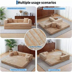 80.7 5-in-1 Convertible Sofa Bed, Folding Corduroy Couch with Storage, 4 Frames & 2 Pillows, No Assembly Space-Saving for Home & Dorm, Beige