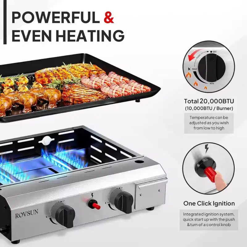Karl Home 2-Burner 20000 BTU Portable Propane Griddle Flat Top Gas Grill with Nonstick Enameled Tray