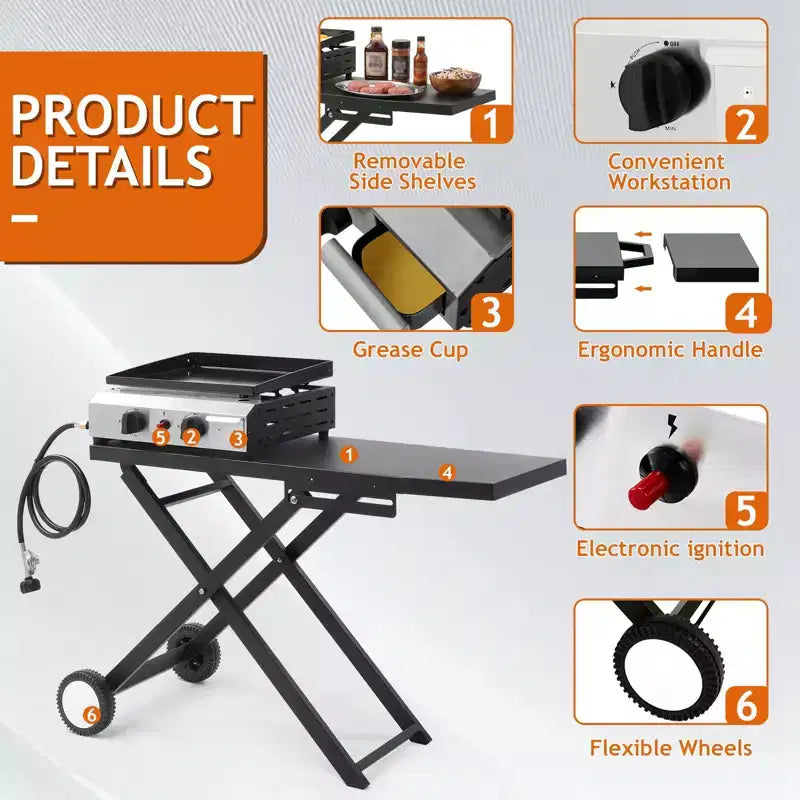 Karl Home 2-Burner 20000 BTU Foldable Propane Griddle with Wheels