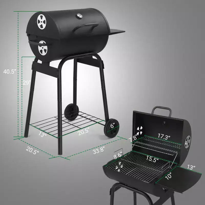 Karl Home 33.8 in. Barrel Charcoal Grill with Side Table and Wheels